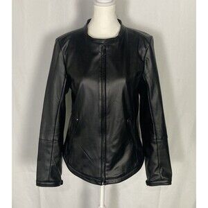 Calvin Klein Faux Leather Jacket Women's Medium Zip Up Pockets Lined Moto EUC